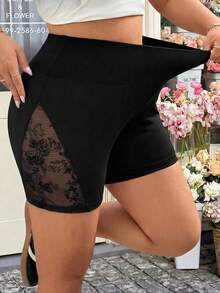 SHEIN BAE 大码女式黑色植绒网眼拼接短裤 - 黑色 - 查看 1