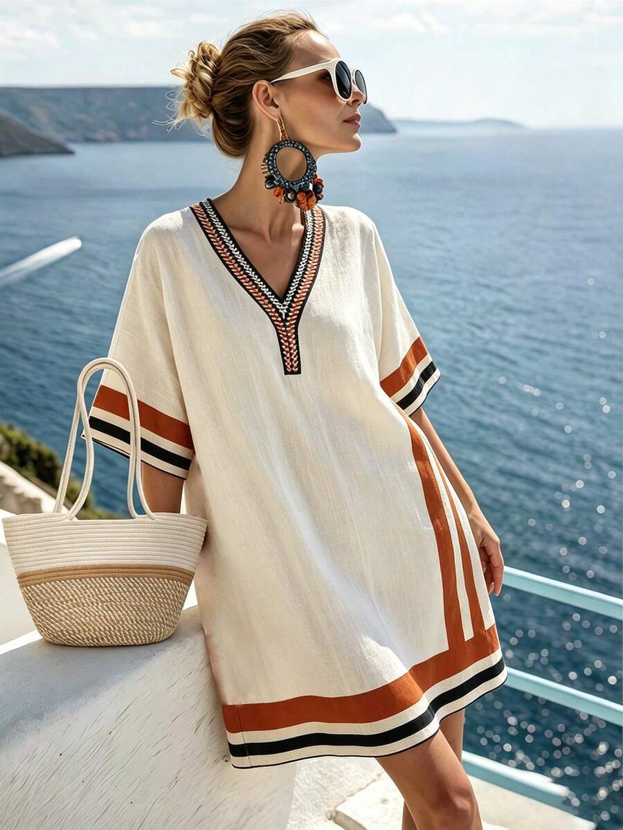 SHEIN Holidaya 夏季休闲V领中长连衣裙,适合商务、办公、户外、海滩、日常通勤等多种场合,复古优雅女装 - 彩色 - 查看 1