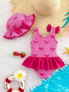 SHEIN اشتر واحد واحصل على واحد مجانًا، بما في ذلك قبعة. ملابس علوية سباحة بسيطة وجميلة للبنات الصغار، مناسبة للخروجات والعطلات والربيع/الصيف. - متعدد الألوان - مشاهدة 5