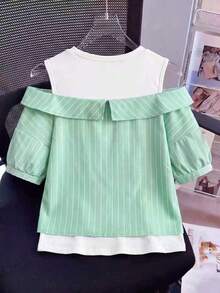 Elladie kids 少女夏季休闲度假通勤条纹印花露肩上衣 - 綠色 - 查看 2