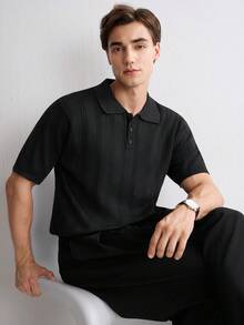 RONVEXI 男士黑色短袖針織 Polo 衫，夏季商務休閒辦公度假通勤上衣，純色單排扣百搭度假海灘款 - 黑色 - 查看 3