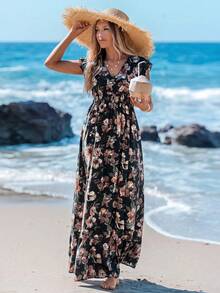 asdSylviya Vestido largo de línea A con volantes en la cintura, mangas cortas con volantes, estampado posicionado, vestido casual de mujer para vacaciones, vestido de verano para mujer, vestido floral, vestido de vacaciones, vestido con volantes, vestido bohemio, vestido tropicalasd 7GW7 - Negro - Ver 4