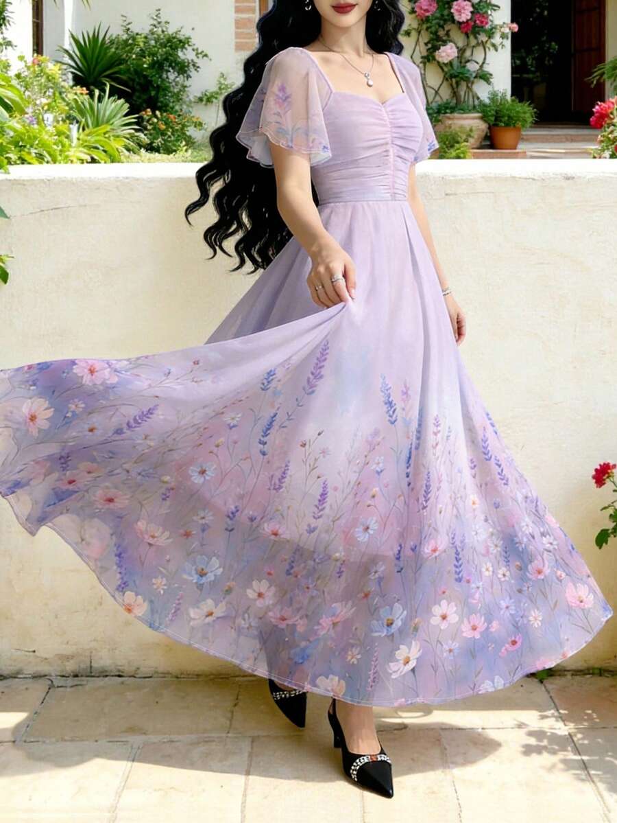 Modelyn 薰衣草色夏季優雅度假茶會碎花女款長洋裝，方領飄逸袖流暢長裙，適合度假、日常穿著、假日 - 彩色 - 查看 1