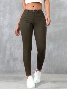 SHEIN Essnce Solid Color Slant Pocket Skinny Casual Everyday Jeans - Army Green - View 3