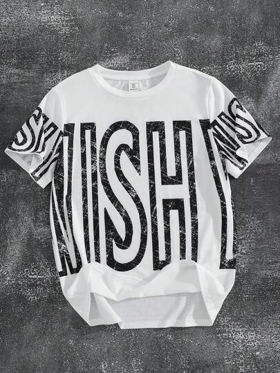 SHEIN Kids Tween Boy Gray Short Sleeve Casual Minimalist Knit T-Shirt With Large Letter Graphic, Suitable For Back To School, Outings, Gatherings, Vacations, Spring/Summer