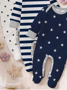 SHEIN [1 Set Random] Newborn Romper, Cartoon Star & Striped Print Pattern, Soft Skin-Friendly Fabric, Long Sleeve Round Neck Button-Down Design, Convenient Wear, Suitable For Home, Leisure, Daily Outings, All Seasons - Multicolor - View 4