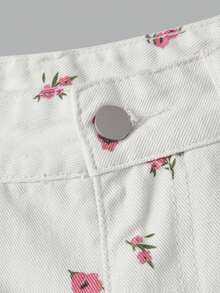 SHEIN PETITE Women's Casual Cute Everyday Denim Shorts With Pockets And Floral Print Picnic Vacation White Floral Summer - White - View 8