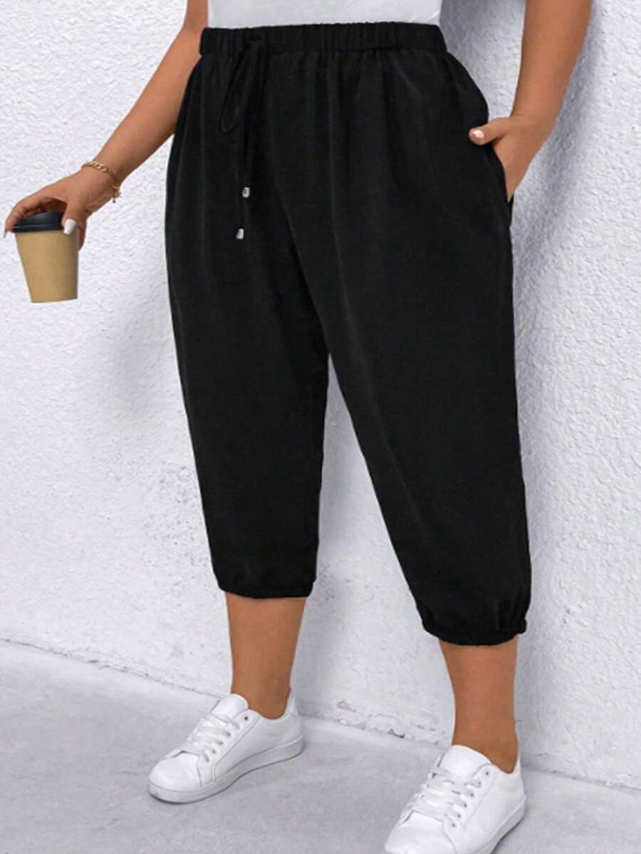 SHEIN CURVE+ Elastic Waist Simple Soft Form Traditional Comfortable Plus Size Drawstring Capri Jogger Pants Suitable For Spring Summer Autumn Daily Outdoor Black - Black - View 1