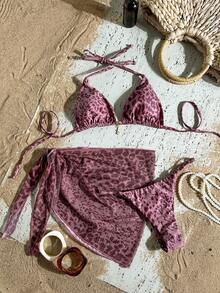 Costavie Conjunto de bikini de 3 piezas con minifalda con decoración metálica y estampado aleatorio para mujer, primavera/verano - Blanco - Ver 10