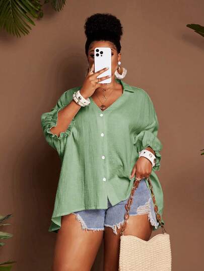 Maweii Plus Size Elegant Loose Casual Turndown Collar Lantern Sleeve Sage Green Summer Boho Vacation Holiday Women Fashion Blouse Shirt For Outings Parties