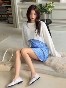 DAZY 女士纯色圆领落肩长袖短款毛衣 - 白色 - 查看 8