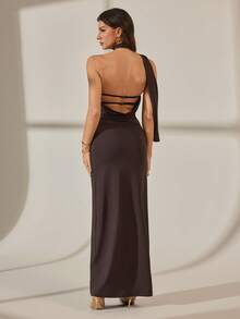 SHEIN Tall Women's Dark Brown Asymmetrical Ruffled Halter-Neck Strapless Dress Elegant Sexy Summer Long Dress With Pleated Waist For Party Party Night Night Out - Coffee Brown - View 2