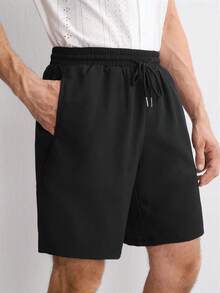 RONVEXI Men's Casual Plain Color Drawstring Shorts, Holiday - Black - View 5
