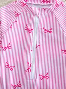 SHEIN Young Girl Stand Collar Raglan Sleeve One-Piece Butterfly Print Swimsuit  Girl Butterfly & Striped Holiday One-Piece Swimsuit With Shorts,Zipper Front - Multicolor - View 4