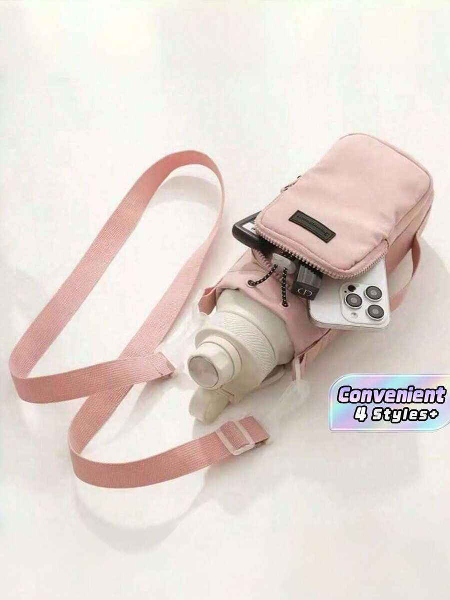 1pc Portable Water Bottle Bag, Crossbody Water Cup Holder With Adjustable Strap, Multifunctional Pouch For Travel, Hiking, Cycling With Phone Pocket - D - View 1