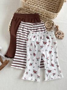 SHEIN Playful Pals 3条装女婴碎花条纹纯色弹力腰喇叭裤休闲裤，春秋季 - 咖啡棕 - 查看 3