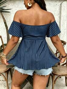 SHEIN VCAY Plus Size Vacation Casual Striped Off-Shoulder T-Shirt - Multicolor - View 2