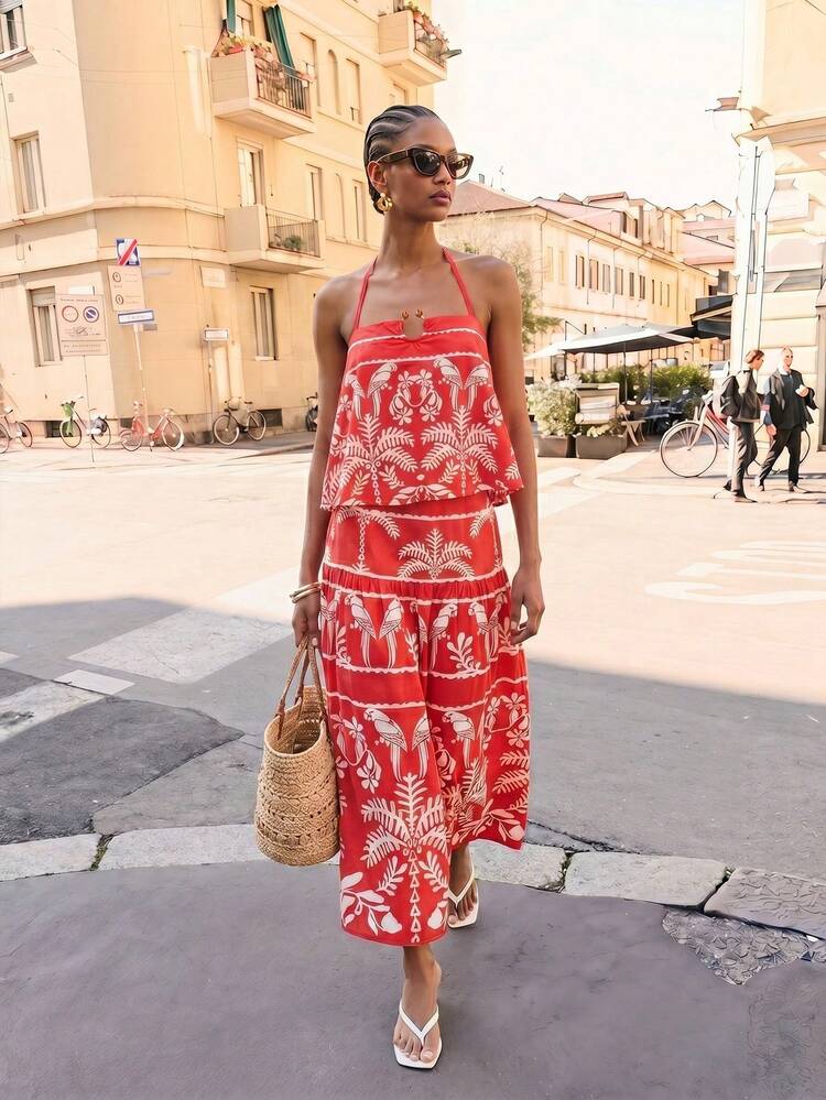 SHEIN Maija Red And White Palm Tree Print Summer Women's Sleeveless Halter Neck Tie Strap Loose Casual Boho Comfortable Beach Vacation Holiday Tank Top