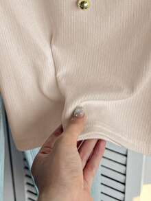SHEIN 少女杏色罗纹针织 Polo 领无袖休闲优雅修身背心 - 杏色 - 查看 3