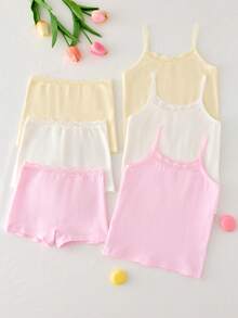 Elladie kids 6件套少女基础款甜美简约蕾丝花边吊带背心和蕾丝花边平角裤内衣套装 - 彩色 - 查看 5