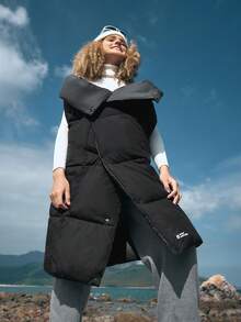 In My Nature Solid Hooded Padded Vest Coat - Black - View 4