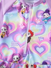SHEIN 少女爱心印花拉链长袖连体泳衣，适合夏季度假 - 紫色 - 查看 10