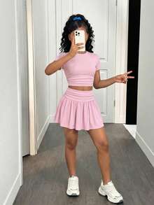 SHEIN 青少年女孩夏季可愛休閒灰色裙組：短袖短版上衣與百褶迷你裙，夏季 - 粉色 - 查看 6