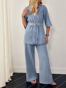 EMERY ROSE Women's Metal Buckle Versatile Short Sleeve Tie-Front Top And Casual Loose Pocket Denim Pants Set - Blue - View 4