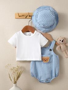 SHEIN Bộ áo thun sọc, quần yếm và mũ cho trẻ sơ sinh - Xanh và trắng - Xem 5