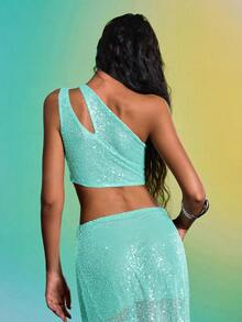 Femmeiva Women's Sequin Ruched Backless Top, Sexy Teal Blue Asymmetrical Shoulder For Summer, Beach Club Night Out, Party, Holiday - Green - View 7