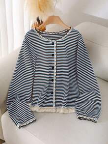 Franclia Plus Size Women Striped Front Button Fringe Hem Top Fall - Blue - View 4
