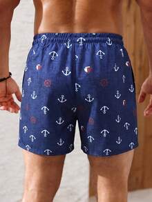 Manfinity KASUA Men's Navy Anchor Print Beach Shorts, Drawstring Elastic Waist Loose Fit Swim Trunks, Suitable For Beach Vacation/Pool Leisure - Navy Blue - View 2