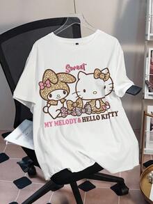HELLO KITTY AND FRIENDS | SHEIN 大码女式卡通图案字母印花撞色圆领短袖T恤 - 白色 - 查看 7