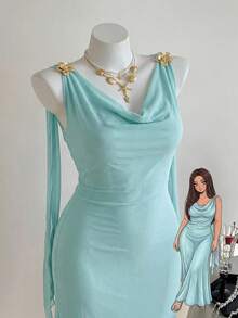 Comfortcana Gaun Tanpa Lengan Model Halter dengan Dekorasi Logam Elegan Ukuran Plus untuk Musim Panas - Mint Blue - View 1