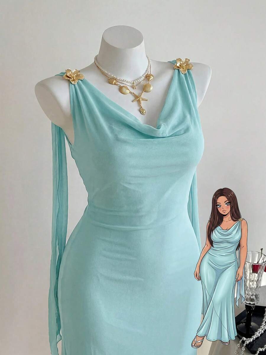 Comfortcana Gaun Tanpa Lengan Model Halter dengan Dekorasi Logam Elegan Ukuran Plus untuk Musim Panas - Mint Blue - View 1
