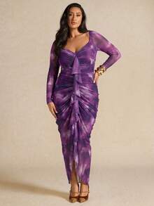 SHEIN BAE Đầm dài tay xếp ly thanh lịch viền bèo nhún, họa tiết chấm bi, dành cho nữ cỡ lớn, thích hợp cho mùa xuân/thu. - Màu tím - Xem 1