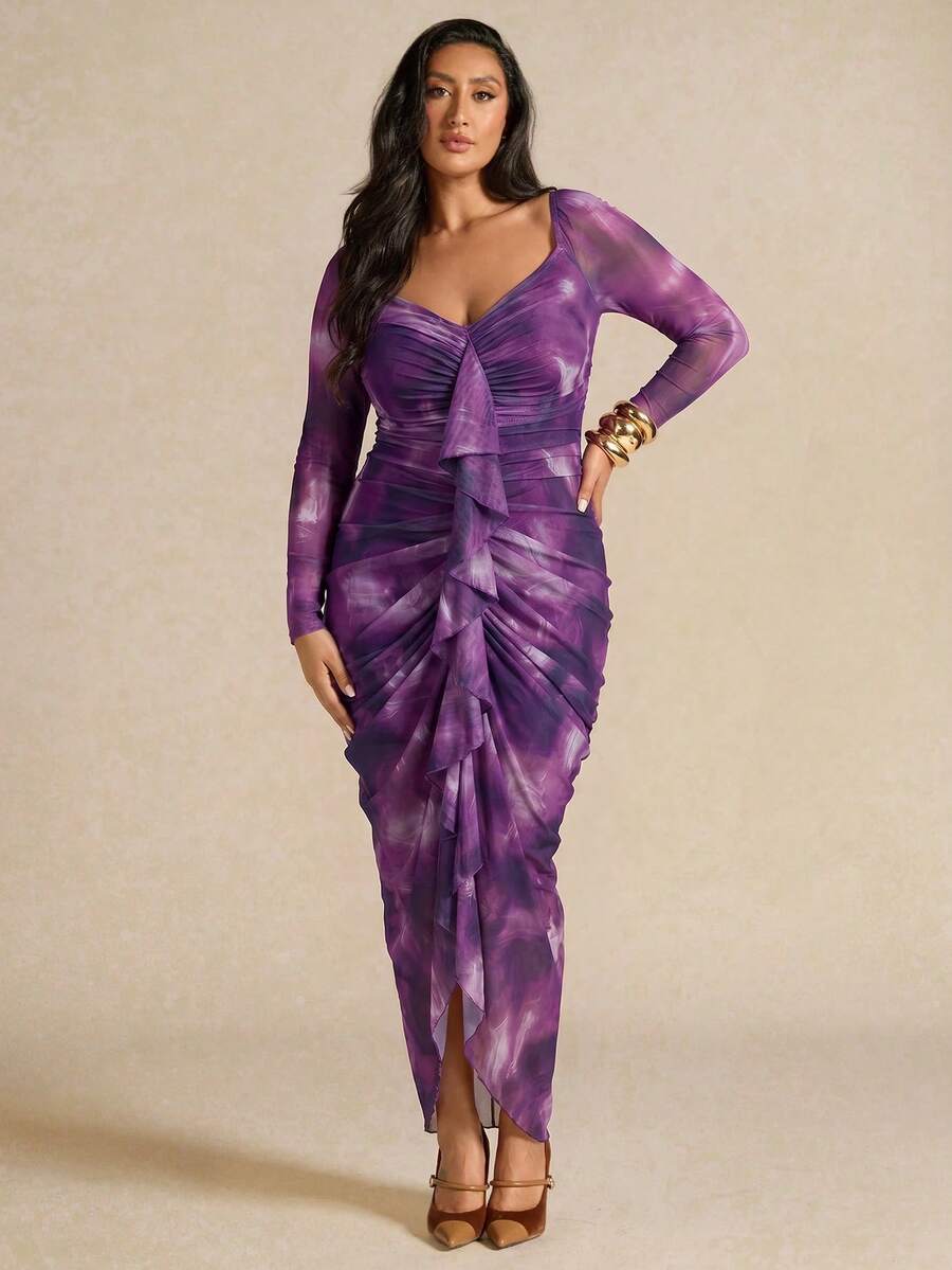 SHEIN BAE Đầm dài tay xếp ly thanh lịch viền bèo nhún, họa tiết chấm bi, dành cho nữ cỡ lớn, thích hợp cho mùa xuân/thu. - Màu tím - Xem 1