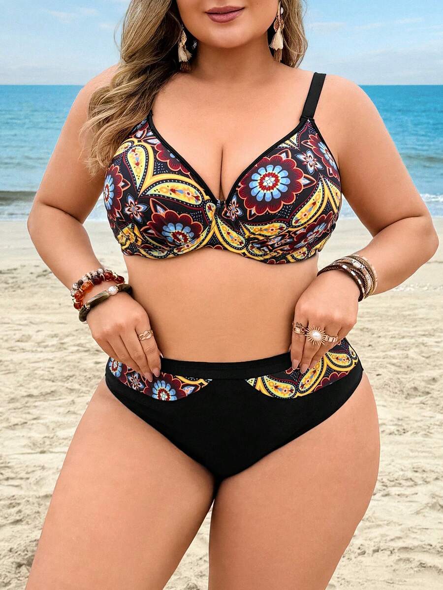 Swim Lushoire Talla Grande 2026 Primavera/Verano Nuevo Traje de Baño de 2 Piezas con Estampado Digital & unicolor, Acolchado con Aros, Tirantes Ajustables, Cierre Trasero Conveniente, Lindo Acento de Lazo, Diseño Elegante de Empalme Gráfico, Conjunto de Playa/Natación Casual y de Moda - Multicolor - Ver 1