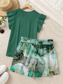 SHEIN LUNE Plus Size Holiday Casual Solid Color Flutter Sleeve Top And Marble Print Shorts 2 Pieces Set Vacation Light Green Summer - Multicolor - View 2