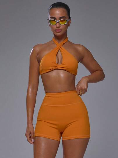 Musera Sport Plunge Front Twist Bust Cropped Halterneck Active Sports Bra Top Coord Top Only Gym Active Sports Pilates Running Cute Girly Daily Everyday Slowburn