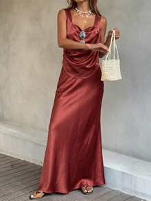 Strévra Satin Cowl Neck Top Long Skirt Women's 2 Pieces Set Night Out Rust Brown Summer Elegant - Red - View 4