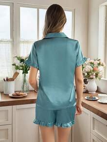 Snug Reverie Set Piyama Wanita Lengan Pendek Berkerah Satin Sutra dengan Bordir dan Rumbai yang Elegan dan Lucu, Warna Teal Turquoise untuk Tidur di Musim Panas - Cadet Blue - View 2