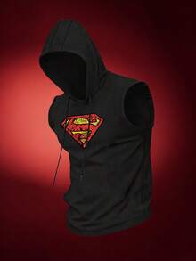 SUPERMAN X SHEIN RISE LYT Men's Graphic Print Hooded Sleeveless Casual Sports Tank Top, Summer, Gym, Holiday - Black - View 3