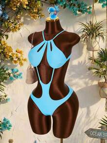 Amplova Women's One-Piece Swimsuit With Cutout Details, Sexy Tropical Avant-Garde, Suitable For Holiday Wear Bathing Suits For Women Beach Vacation Light Blue - Blue - View 5