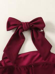 SHEIN Girlism 青少年女孩酒紅色掛脖蝴蝶結優雅洋裝，畢業典禮、派對適用 - 酒紅色 - 查看 4