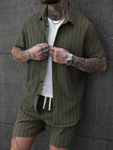 SLATEMANN 加大码男士提花条纹短袖衬衫和短裤套装 - 軍綠色 - 查看 5