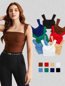 BizChic Women's Solid Color Pleated Wide Strap Camisole, Urban Commute Office Business Casual Wear, Basic Top For Party & Gathering, Autumn - Brown - View 11