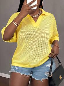 Slaydiva Loose Fit Solid White V-Neck Drop Shoulder Casual Vacation Hollow-Out Knit Plus Size T-Shirt Top For Women, Spring/Summer - Light Yellow - View 3