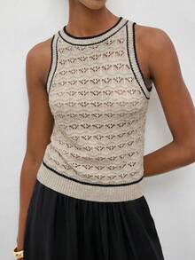 Top de punto abierto de ganchillo con cuello halter sin espalda MAIJA - Caqui - Ver 2
