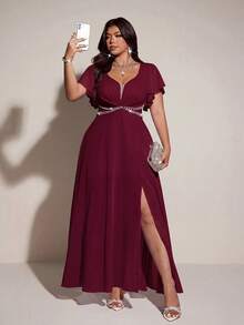 Viva Relle Plus Size Women's Elegant Romantic V-Neck Short Sleeve Flowing Dress, Spring/Summer - Burgundy - View 1